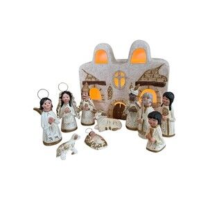 VTG 11 Pc Mexican Folk Art Tonala Style Pottery Nativity Set Scene Hand Painted